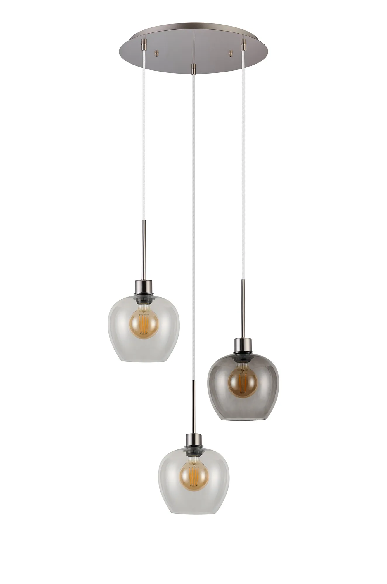 Lori 40cm Round Pendant, 3 Light Adjustable E27, Satin Nickel/Clear/Smoke Wine Shades DK1372  Deco Lori Satin Nickel